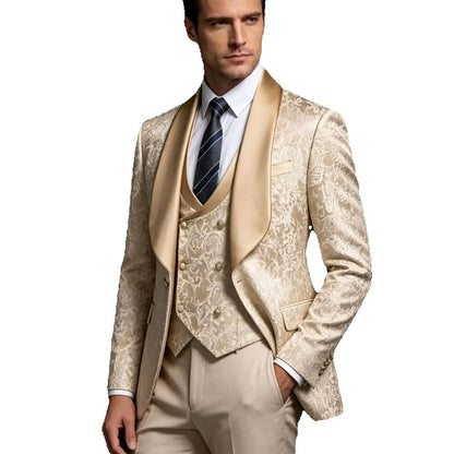 Costume trois pièces de smoking formel slim fit pour homme Champagne Jacquard avec revers châle, idéal pour mariage, affaires, témoin, soirée ou bal de promo