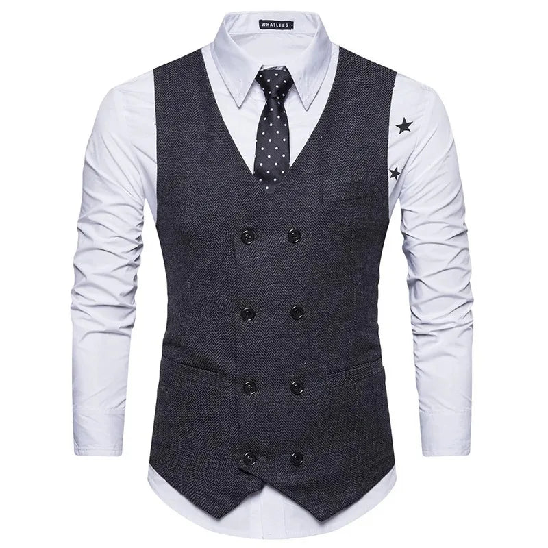 Men's Herringbone Vest Double Breasted Slim Fit Waistcoat for Weddings and Formal Occasions