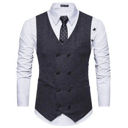 Men's Herringbone Vest Double Breasted Slim Fit Waistcoat for Weddings and Formal Occasions
