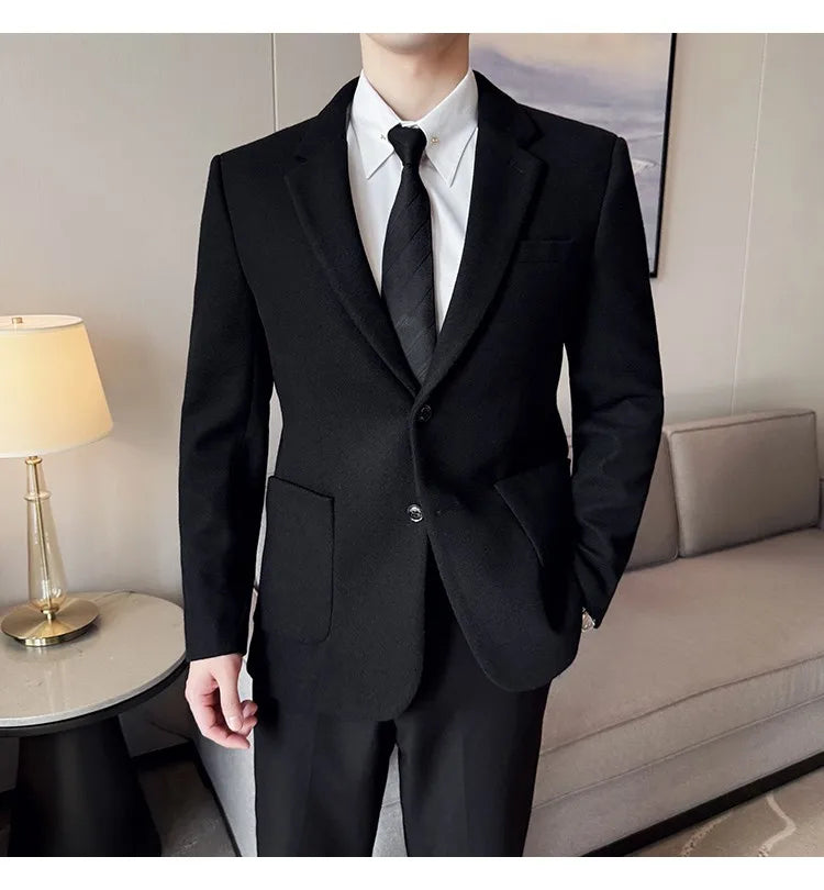 High Qualitys Thickened Wool Suit Jacket Autumn Winter New Luxury Solid Color Formal Men Business Slim Fit Social Party Tuxedo