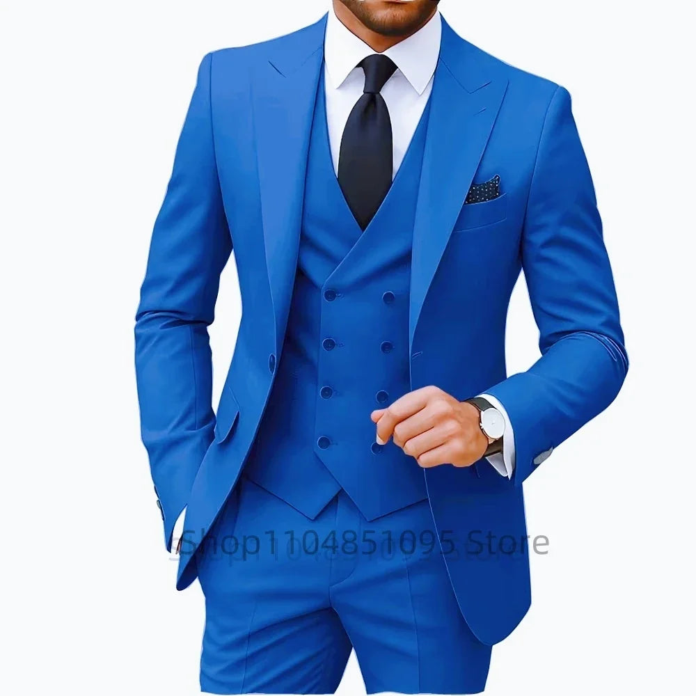 Solid Color Fashion Men Formal Business Suits Wedding Suit Slim Fit Groom Tuxedos 3 Pcs Set Dress Peak Lapel Blazer Vest Pants