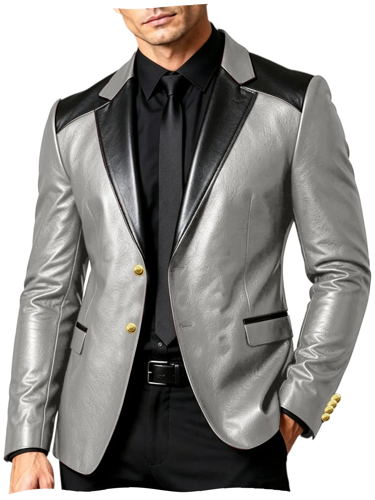 PU Leather Men's Suit Blazer Patchwork Style Wedding Groom Tuxedo Formal Office Prom Jacket High Quality Business Casual Coat
