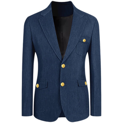 Men's Denim Suit Jacket Classic Notched Lapel Slim Fit Gold Buttons Multiple Pockets Formal Blazer Business Casual Daily Wear