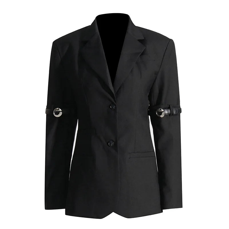 Autumn New Women Design Sense Blazer Personality Patchwork Belt Decoration Slim Fit Elegant Fashion High Street Coat HK9048