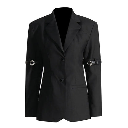 Autumn New Women Design Sense Blazer Personality Patchwork Belt Decoration Slim Fit Elegant Fashion High Street Coat HK9048