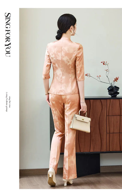 Fashion Office Ladies Blazer and Pants Suit Formal V Neck Half Sleeve Women Jacket Trouser Women Business Work Wear 2 Piece Set