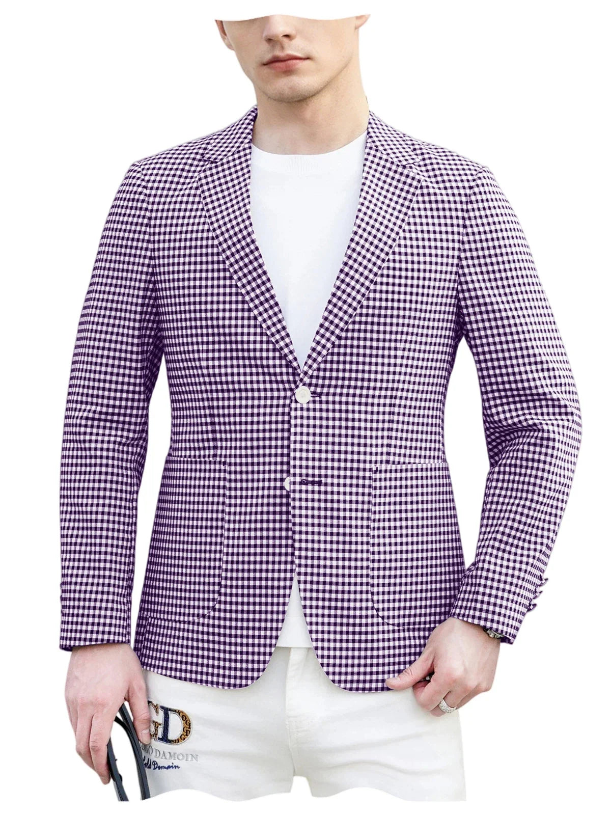 Men's Plaid Cotton Blazer Notch Lapel Suit Jacket 2 Buttons Lightweight Breathable Casual Business for Summer Office Daily Wear