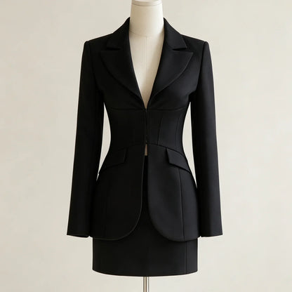 2026 Women  Corset Blazer Mini Skirt 2 Piece Set Lapel Zip Waist Slim Shoulder Pad Formal Suit Outfit