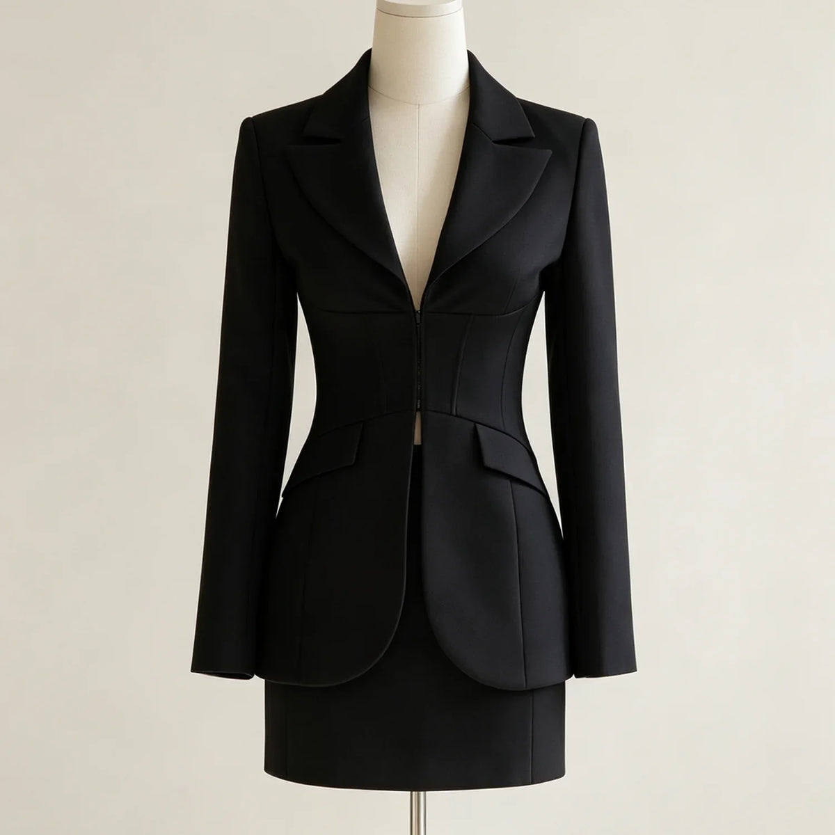 2026 Women  Corset Blazer Mini Skirt 2 Piece Set Lapel Zip Waist Slim Shoulder Pad Formal Suit Outfit