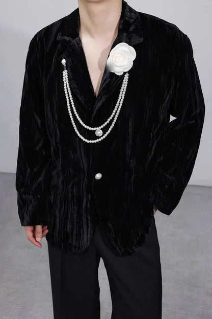 Luxury Elegant Handsome Blazer Coat Men's Original Niche Three-dimensional Pearl Chain Stylish Solid Color Jacket JY4431