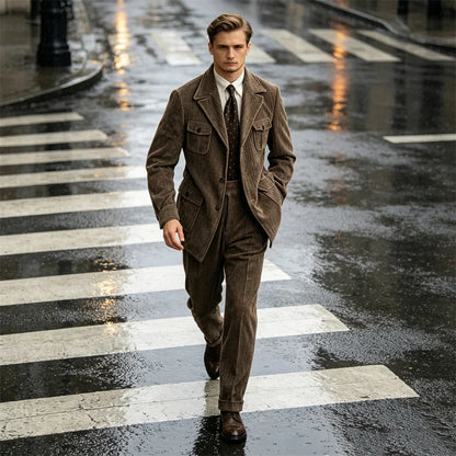 Men's Retro Corduroy 2 Pieces Suit Multi Flap Pockets Safari Blazer Matching Trousers For Formal Daily Party Wedding Business