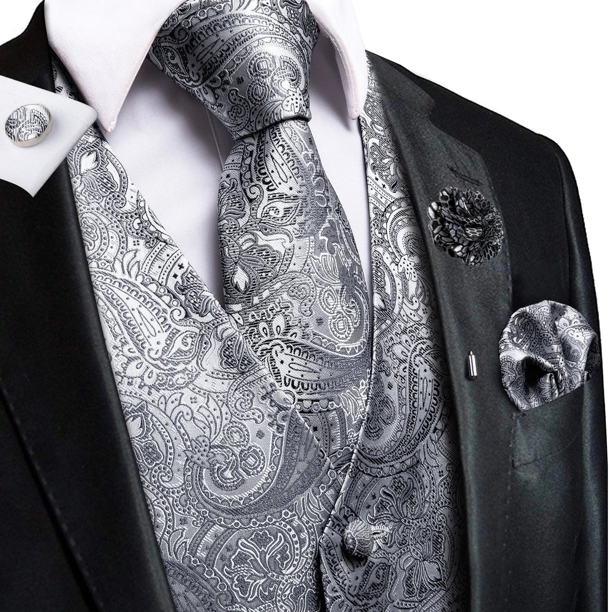 Men's Jacquard Waistcoat Suit Vest with Tie Hanky Cufflinks Brooch Set for Weddings and Business Events