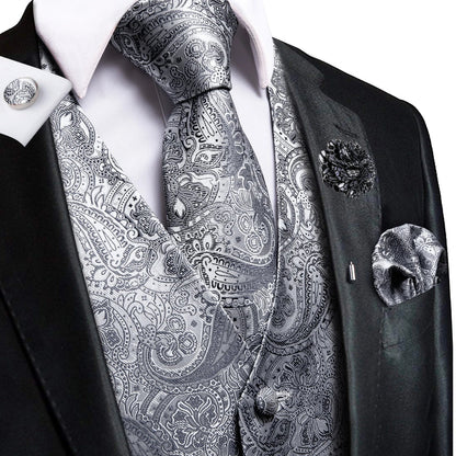 Men's Jacquard Waistcoat Suit Vest with Tie Hanky Cufflinks Brooch Set for Weddings and Business Events