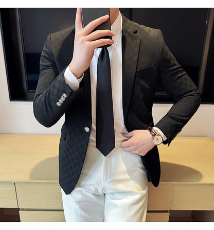 2024 Spring Plaid Blazers Men Single Breasted Casual Business Suit Jacket Fashion Slim Social Banquet Wedding Groom Dress Coats