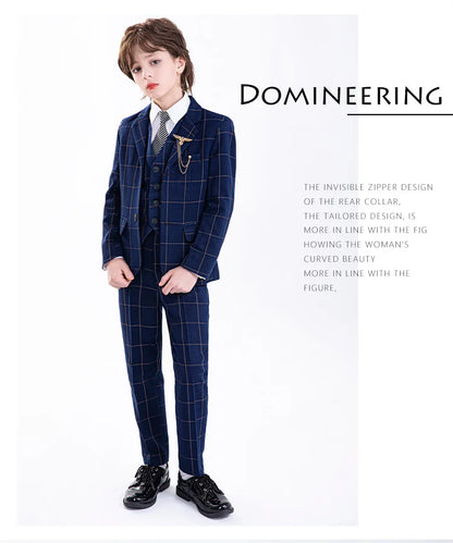 Kids Formal Blue Plaid Blazer Set For Wedding Birthday Boys Jacket Vest Pants Bowtie 4Pieces Suit Set for Piano Host Performance