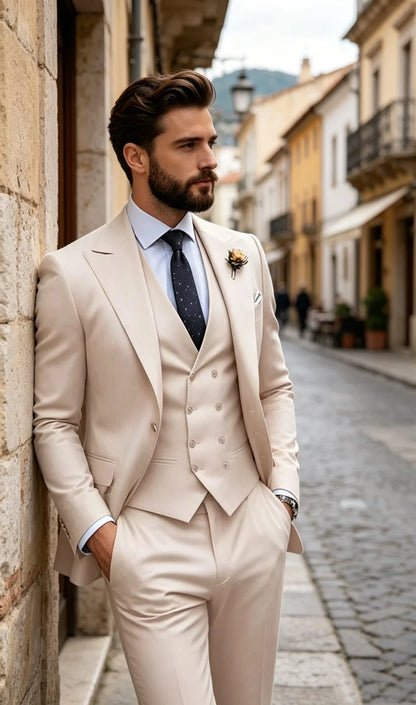3 Pieces Set Beige Formal Slim Fit Tuxedo Prom Suit Men Groom Wedding Blazers High Quality Groomsman Business Banquet Party Suit