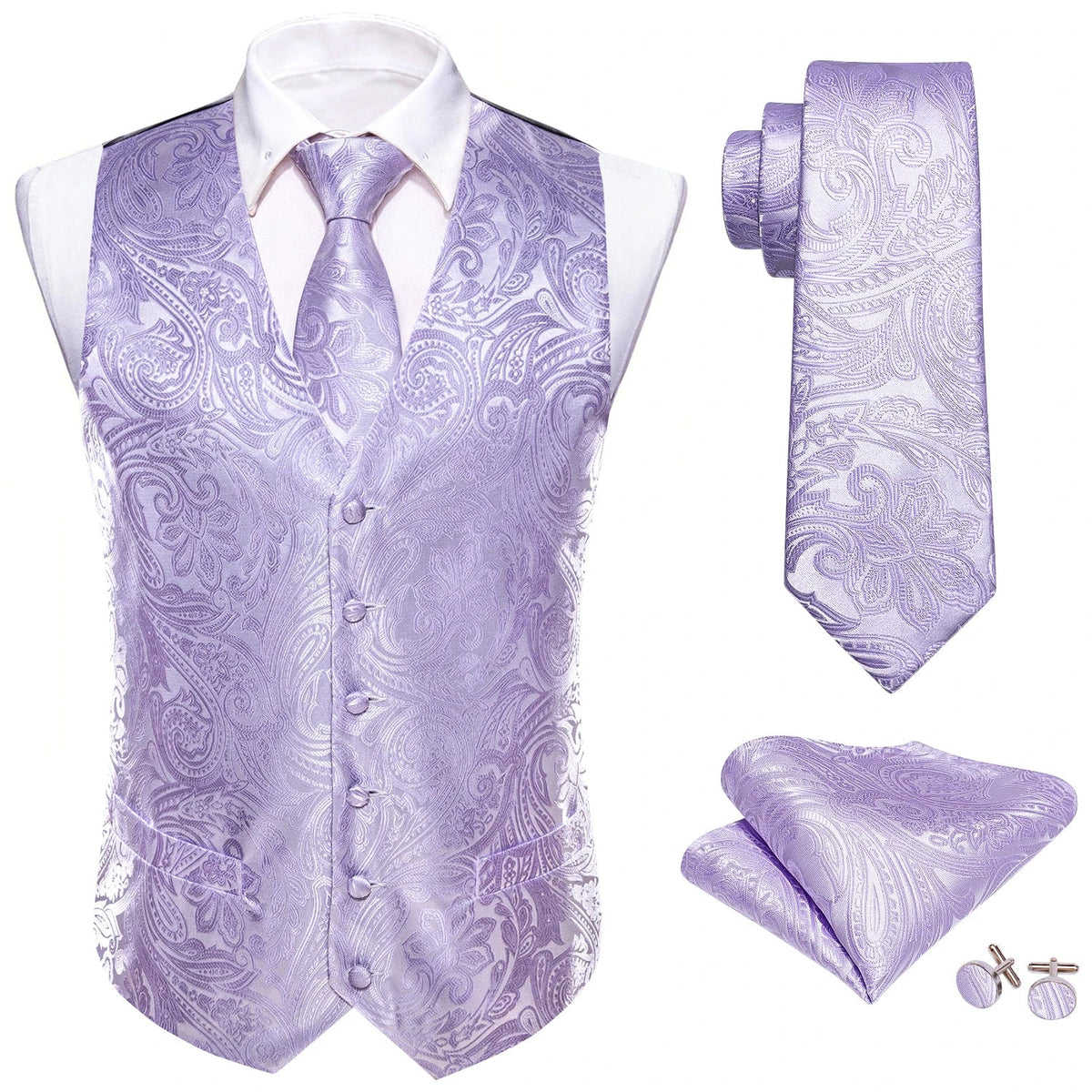 Men's Jacquard Waistcoat 4-Piece Set with Necktie Pocket Square and Cufflinks for Wedding and Formal Occasions