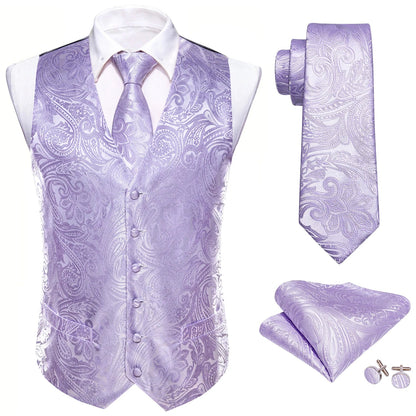 Men's Jacquard Waistcoat 4-Piece Set with Necktie Pocket Square and Cufflinks for Wedding and Formal Occasions