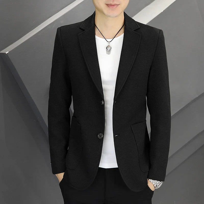 Men's Casual Blazer Two-Button Waffle Pattern for Spring Autumn