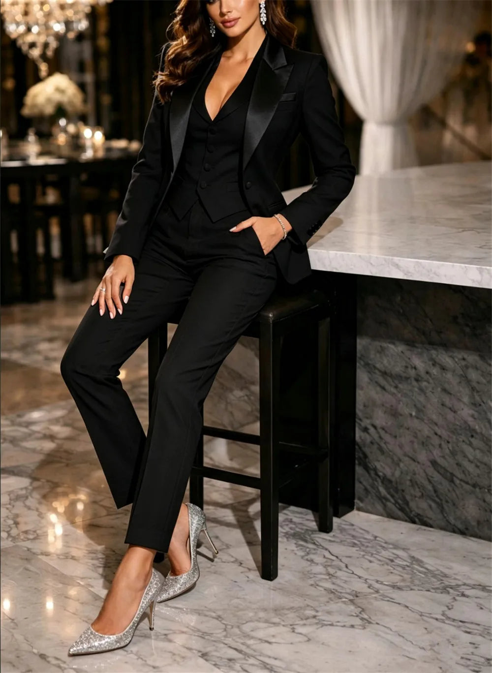 Mulit Colors Women’s Suit Set 3 Piece Elegant Formal Slim Fit Luxury Wedding Guest Outfit Evening Party Wear (Blazer+Vest+Pants)