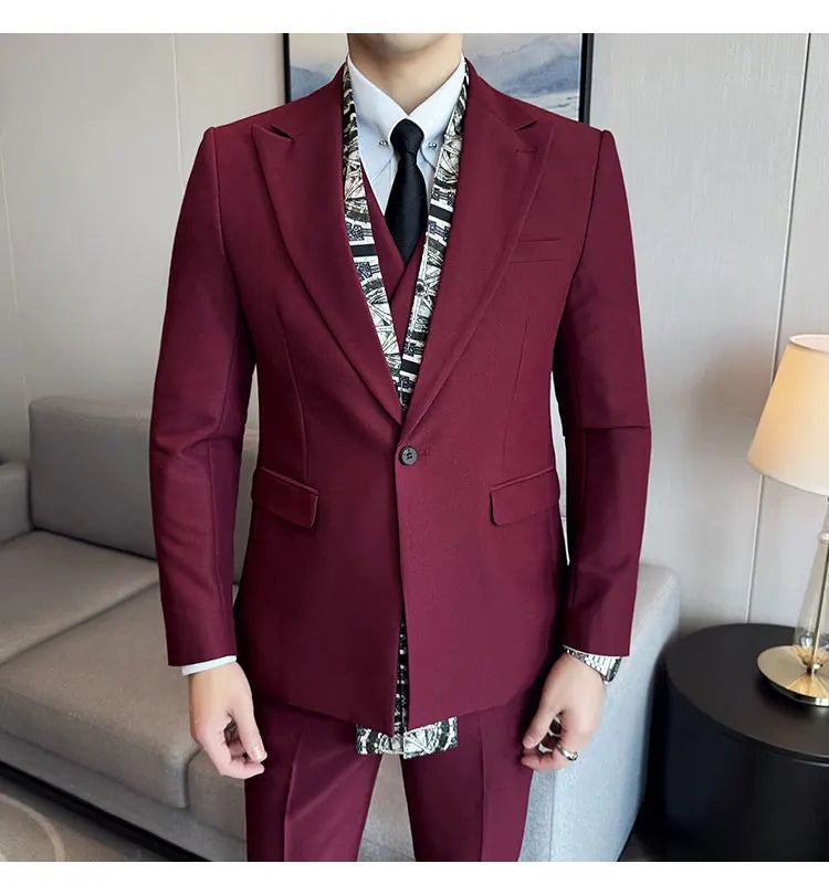 Double Collar Suit Set 3 Pieces Business Formal Casual Suits Vest Trousers Office Work Party Prom Wedding Groomsmen Clothing