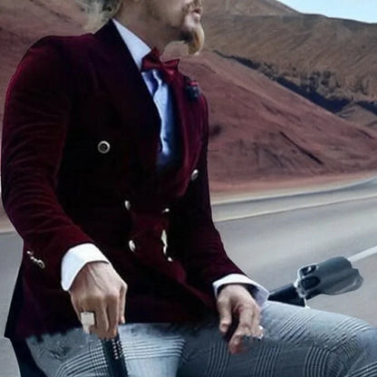 Burgundy Velvet Smoking Jacket for Men Slim Fit Double Breasted Casual Suit Blazer 1 Pcs Groom's Fashion Coat 2024
