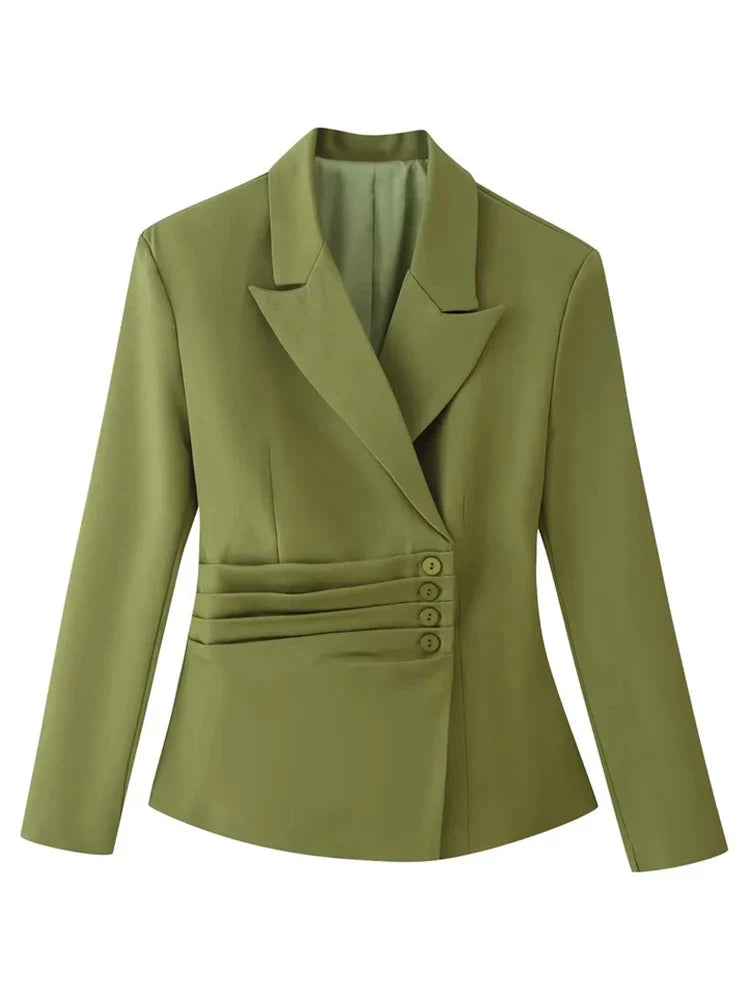Women's Belted Waist Blazer Jacket Double Button Slim Suit Coat Long Sleeve Elegant Office Chic Minimalist Jacket