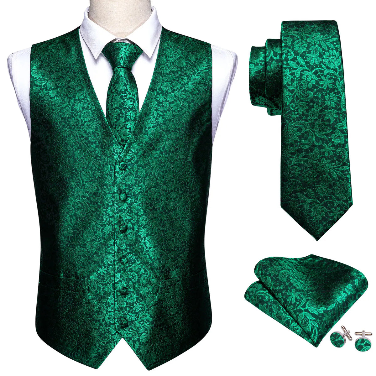 Men's Jacquard Floral V-Neck Suit Vest & Matching Tie Set, Formal Fit Waistcoat for Wedding, Prom, Business Party