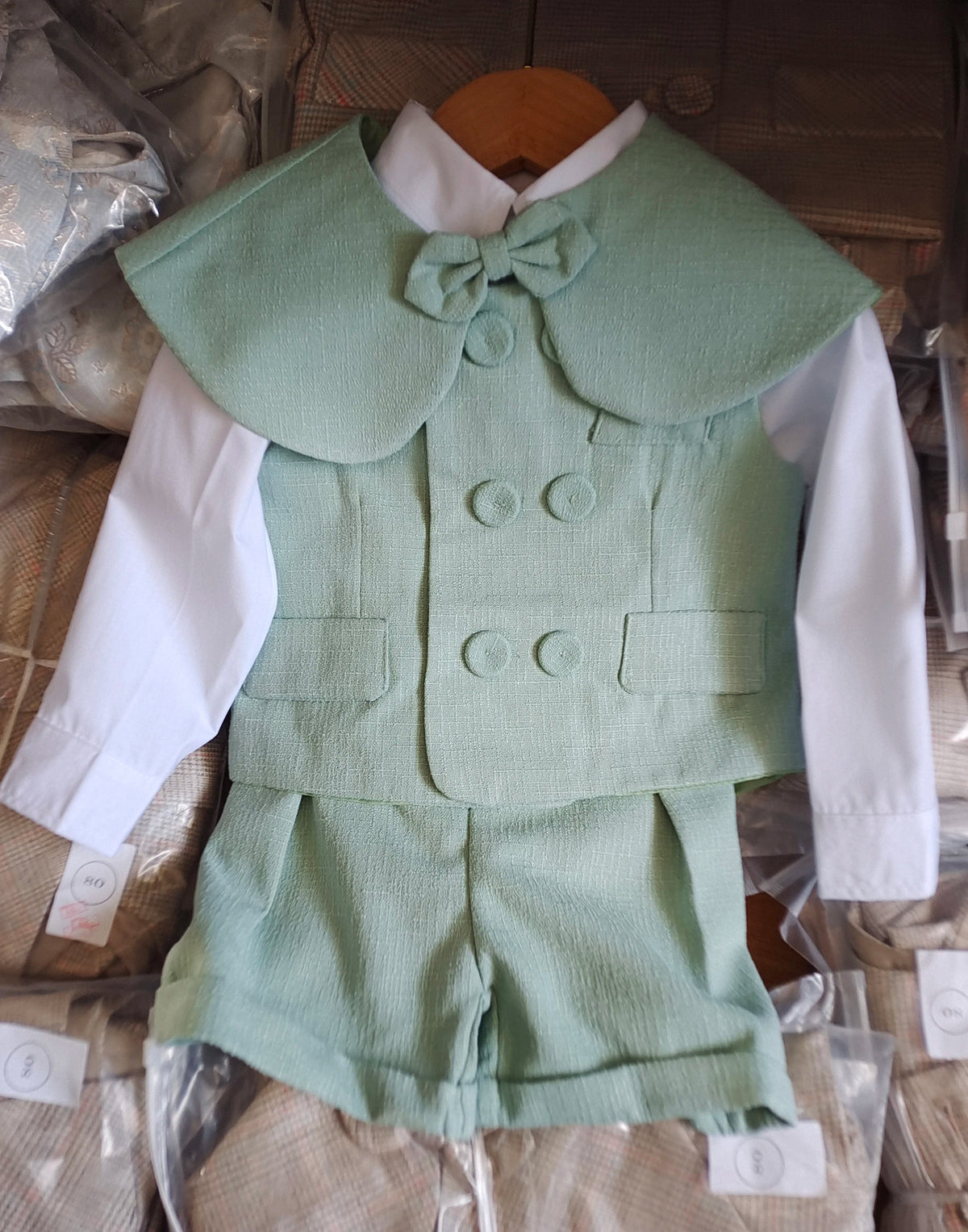 6Pcs Toddler Baby Boy Suit Light Green Waistcoat Shorts Bow Shawl Hat Kids Gentleman Outfit For Birthday Wedding Photo Shoot
