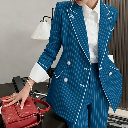 Slim-fit Women's Suit Modern Striped 2 Piece(Jacket+Pants) Set Classic Retro Blazer Daily Office Wear Business Formal Attire