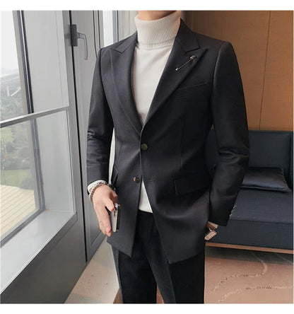 Autumn Pin Decoration Men Blazers Casual Suit Jacket Single Breasted Streetwear Social Business Dress Coat Wedding Groom Jacket
