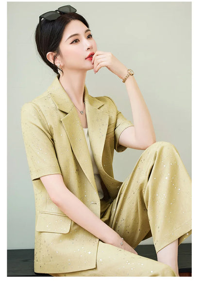 Fashion Blue Yellow Short Sleeve Professional Suit Women New Summer Elegant Formal Slim Blazer And Pants Office Ladies Work Wear