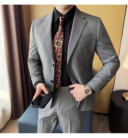 Men's bird's eye pattern high-end craftsmanship summer thin suit set, two-piece wedding banquet business casual suit
