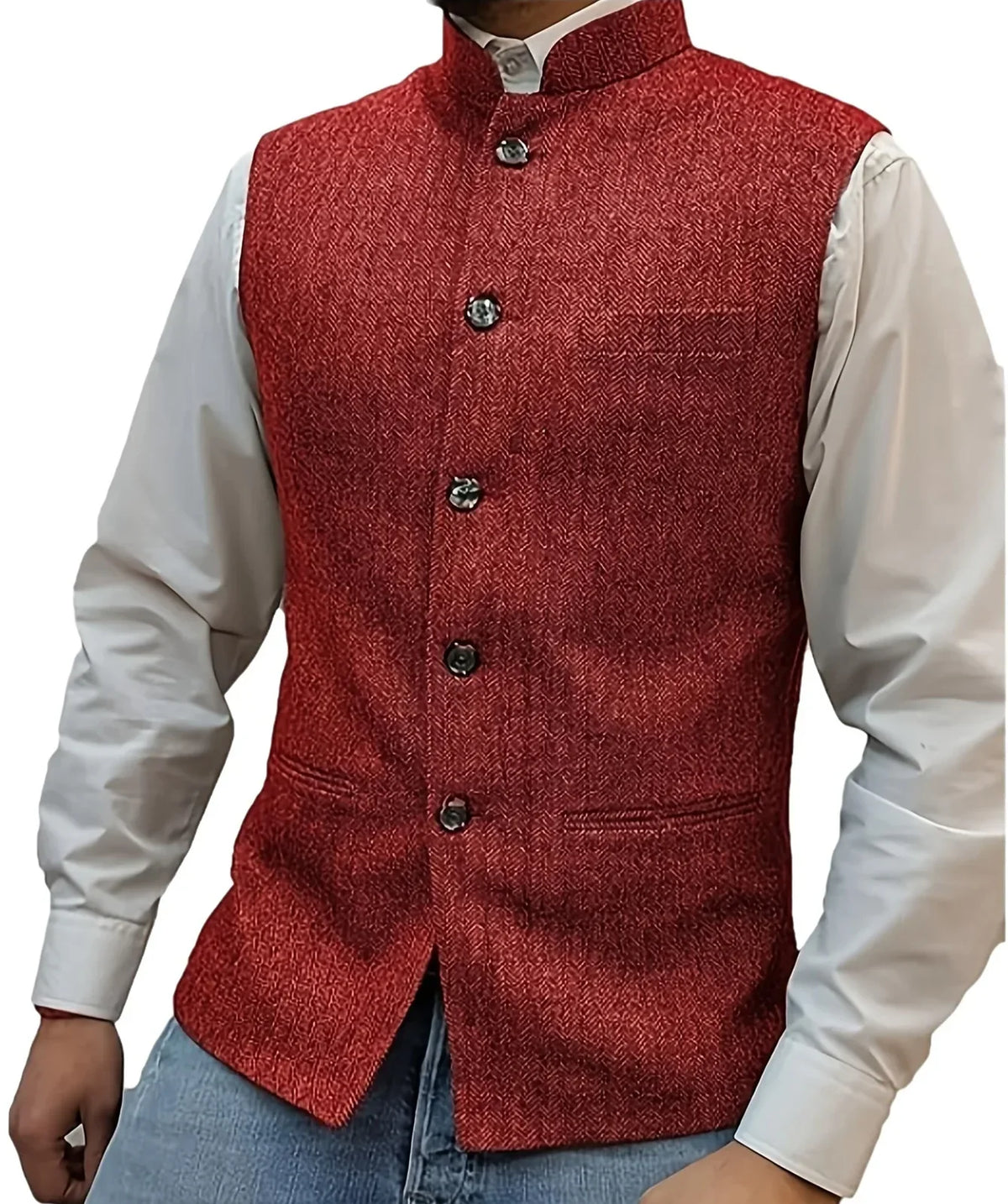 Men's Vest Standing Collar Herringbone Woolen Blend Single Breasted Waistcoat for Business & Casual Wear