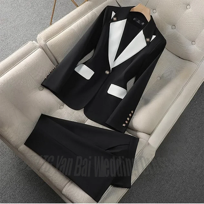 New Unique Women Pant Suit Contrast Color Modern Outfit One-Button Peaked Lapel Casual Fashion Daily Female Clothes Set 2 Piece