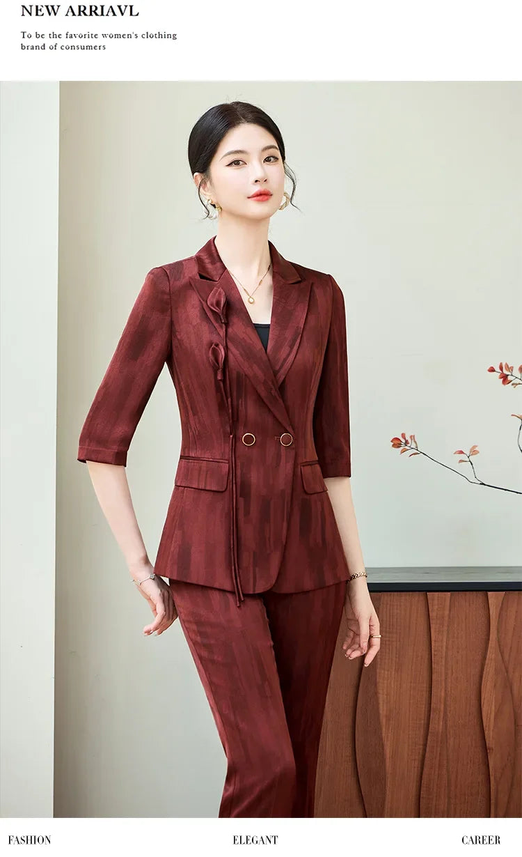 Spring Ladies Pant Suit Women Pink Wine Red Female Business Work Wear Half Sleeve Jacket and Trouser Formal 2 Piece Set Blazer