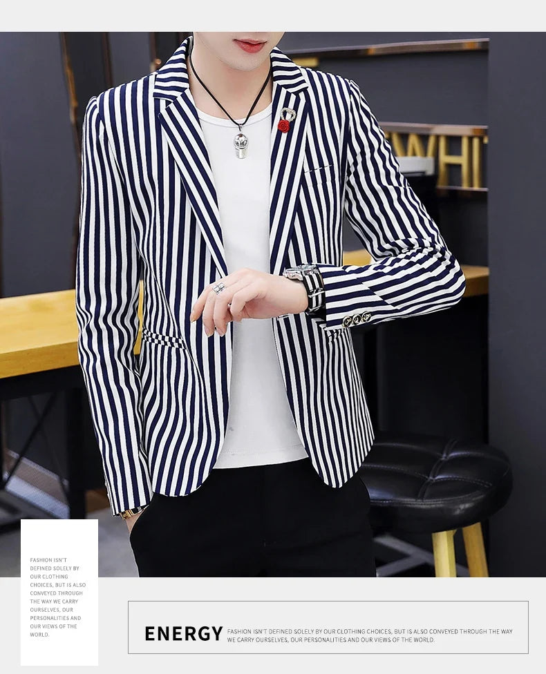 Men's Slim Fit Striped Casual Suit Jacket Korean Fashion Four Seasons New Boutique Handsome Small Suit