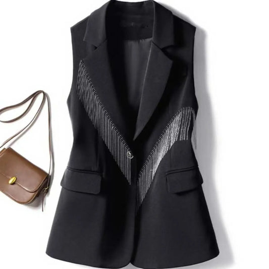 Black Single Button Irregular Blazer Vest Women Top Notched Vest Cardigan Sleeveless Casual Office Lady Vest Waistcoat Spring