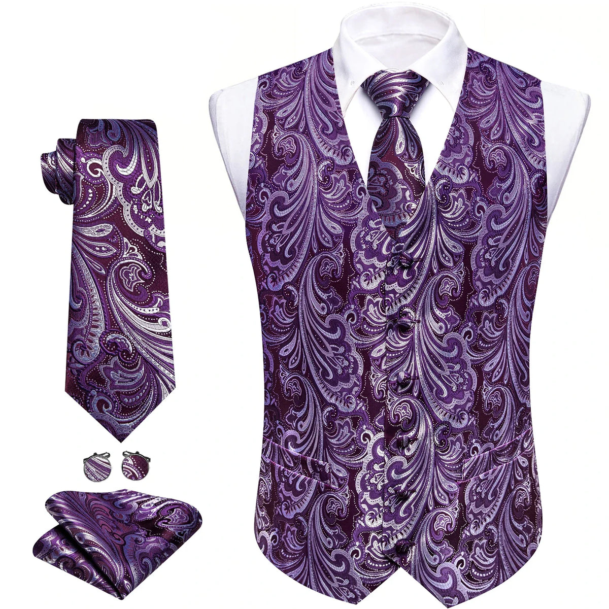 Men's Suit Vest 4-Piece Set – Black Glossy Floral Jacquard Waistcoat for Wedding & Formal Occasions