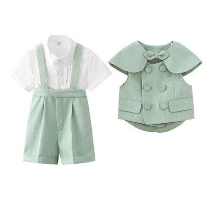 6Pcs Toddler Baby Boy Suit Light Green Waistcoat Shorts Bow Shawl Hat Kids Gentleman Outfit For Birthday Wedding Photo Shoot