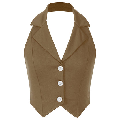Womens Fashion Vest Shirts Separate Waistcoat Crop Tops Lapel Halter Backless Button Down Pointed Hem Vest for Party Formal Wear