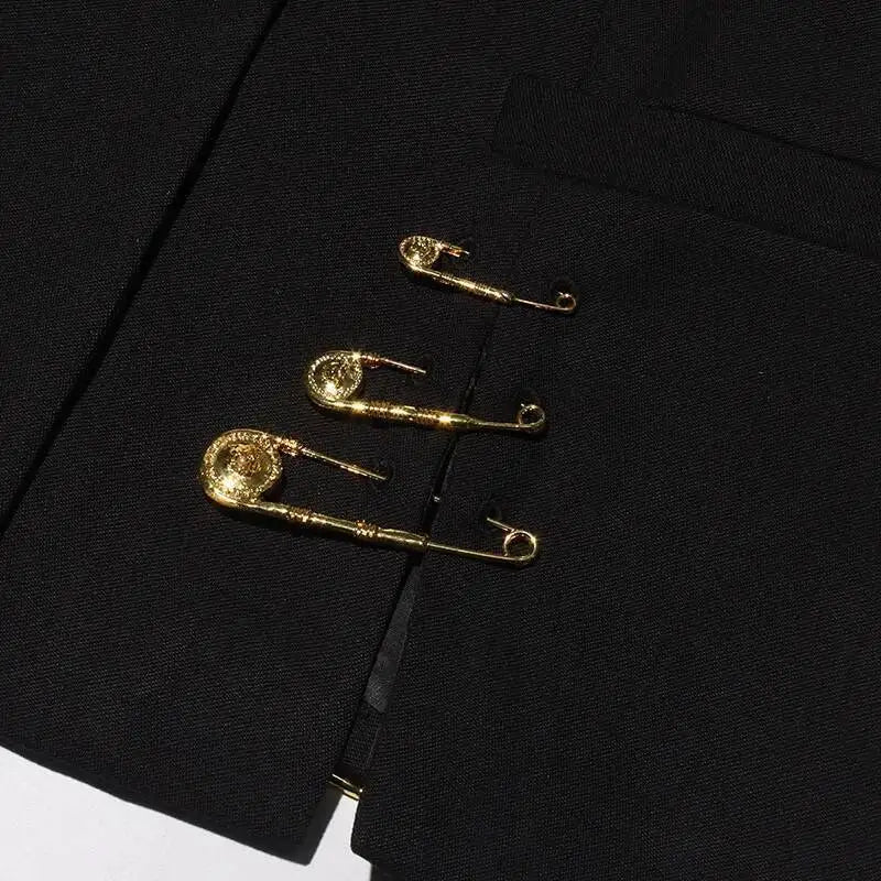 Autumn New Women Chic Blazer Asymmetrical Pin Design Single Button Slim Fit Elegant Fashion Office Lady Stylish Coat HK9876