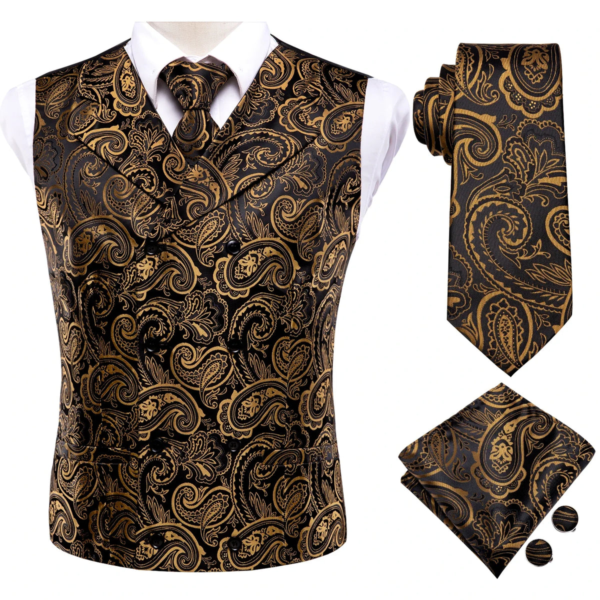 Men's Paisley Vest 4-Piece Set – Slim Fit Waistcoat with Necktie, Pocket Square & Cufflinks for Weddings