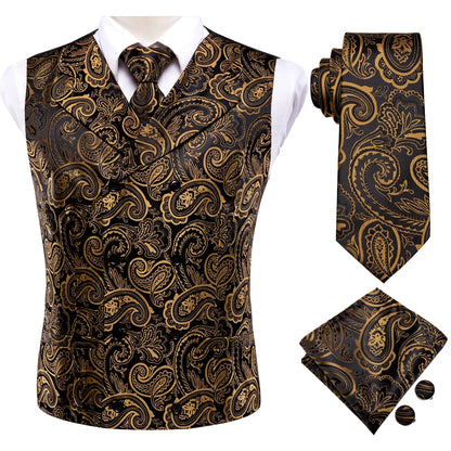 Men's Paisley Vest 4-Piece Set – Slim Fit Waistcoat with Necktie, Pocket Square & Cufflinks for Weddings