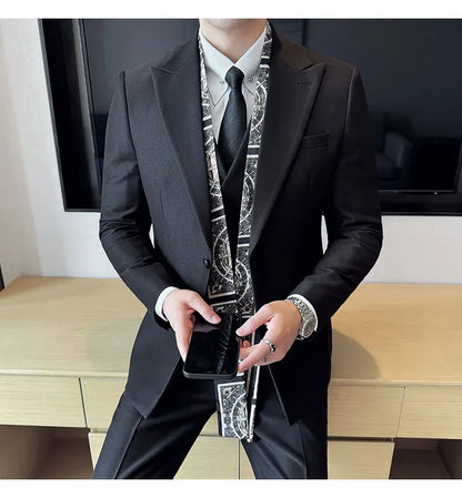 Scarf With Design Double Collar Suit Men's Business Casual Groom Wedding Slim Fit Suit Tuxedo 3-piece Set (Jacket+Vest+Pant)