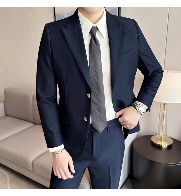 Jacket + Pants 2 Pieces Men's Elegant Fashion Slim Fit Suits Formal Business Wedding Tuxedos Casual Gentleman Solid Dress Suit