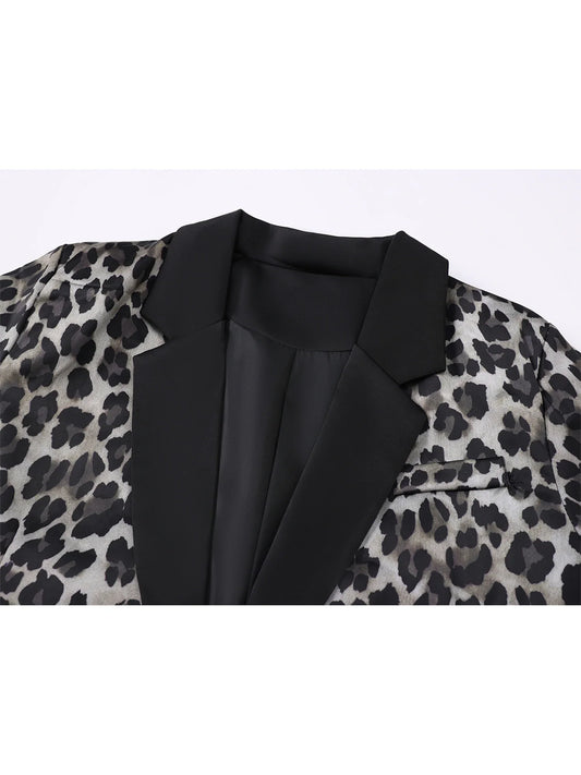 Women's Leopard Blazer Jacket Y2k Harajuku 2000s Vintage Long Sleeve Single Breasted Suit Coat Oversize Outerwear Autum Clothes