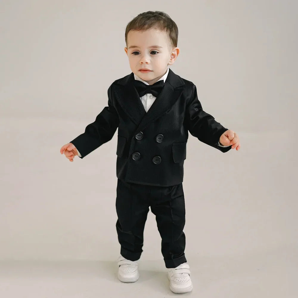 Corduroy Boy Suits Fashion Peak Llapel Double Breasted Black Children's Clothing Daily Casual Formal Baby Boy Clothes 2 Piece