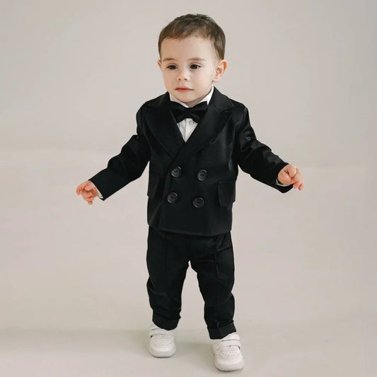 Corduroy Boy Suits Fashion Peak Llapel Double Breasted Black Children's Clothing Daily Casual Formal Baby Boy Clothes 2 Piece