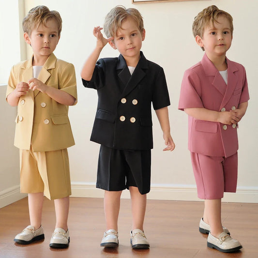 Summer Kids Clothes Fashion Notch Lapel Double Breasted Wear Short Sleeved Tops and Shorts Casual Formal Daily Boys Suits